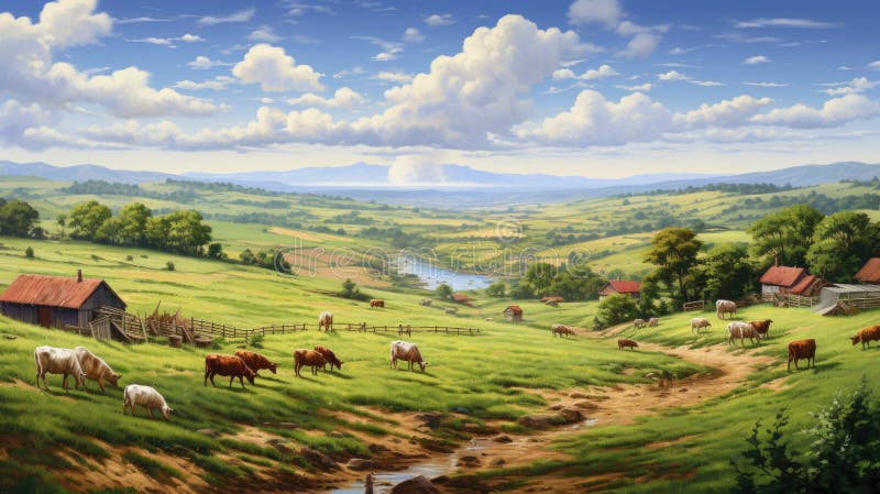 A painting of a farm with cows and a house, AI