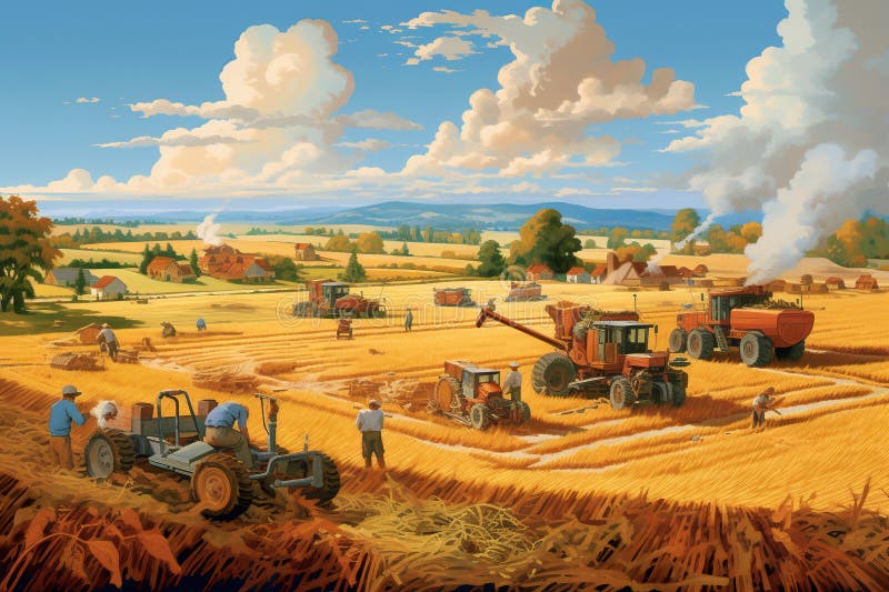 A Painting of a Farm Scene with a Tractor and Farm Equipment