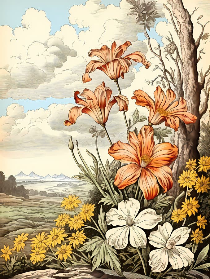 A Painting Of Flowers And Trees, Watercolor of colorful spring flowers vector illustration