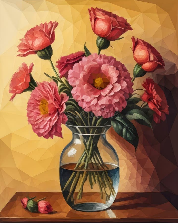 A painting of flowers in a vase on a table, stylized geometric flowers. vector illustration