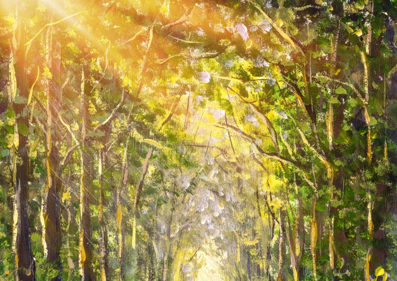 Fantastic sunny forest tree Watercolor acrylic oil Painting: Forest park alley trees Artwork, Concept Illustration, Realistic Style Background