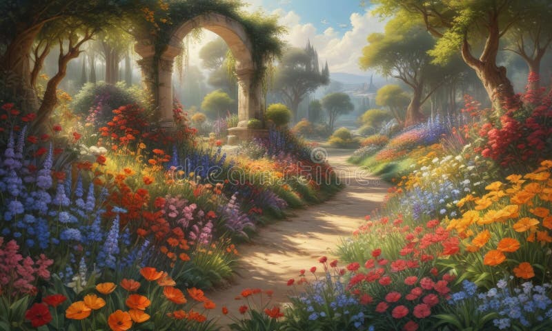 Painting Garden with Flowers and Trees Stock Illustration