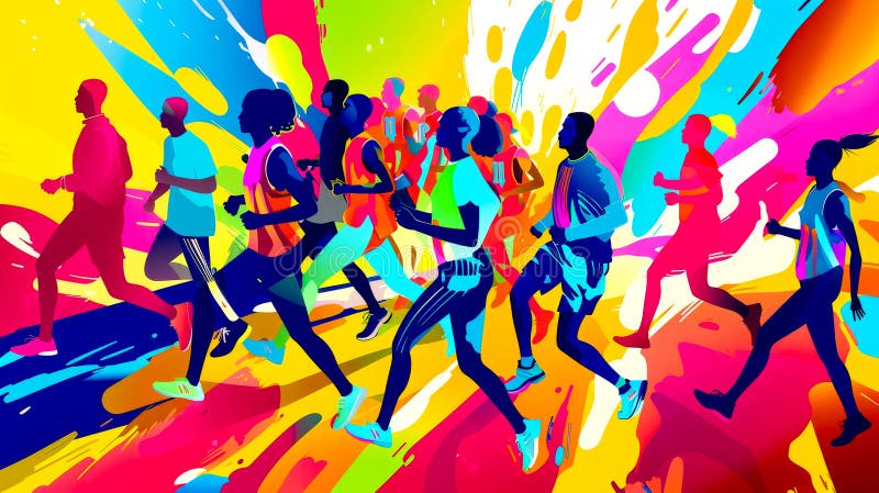 Pictarea unui grup de persoane care rulează pe fundal colorat cu vopsea stropit. . ai stock images