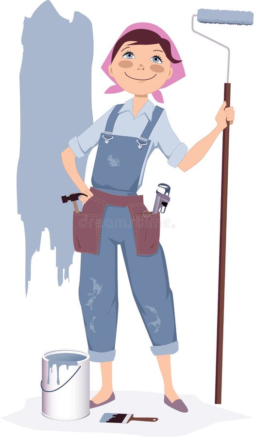 painting house cute smiling cartoon woman overalls standing painter s roller can paint vector illustration no 43833954