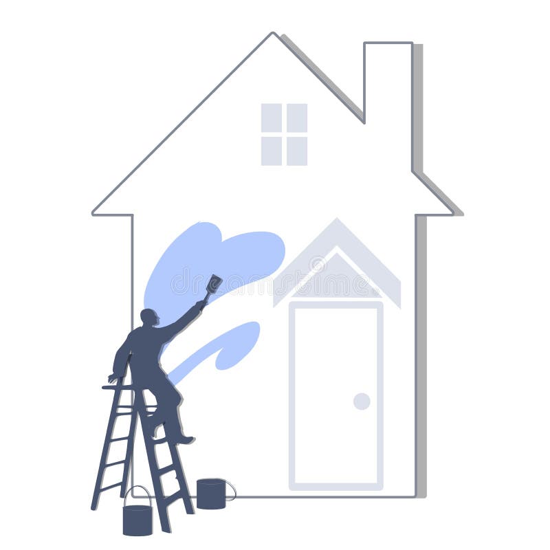 Príklad predstavovať muž sedí na rebrík obklopený farba segmentov maľovanie splash blue farba na strane domu.