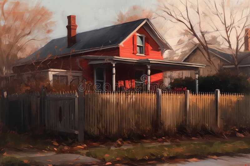 A painting of a house with a red roof and a fence in the background. Generative AI