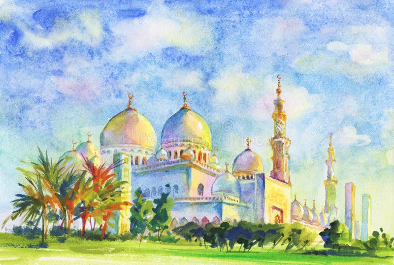 Painting Jumeirah Mosque. Hand drawn muslim sight. Watercolor arabian illustration