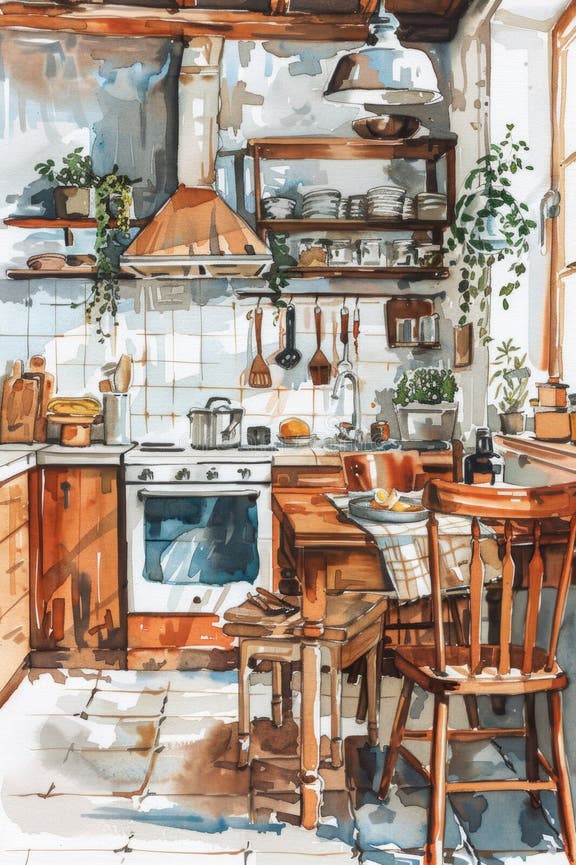 A Painting of a Kitchen with a Table and Chairs. Ideal for Home Decor ...