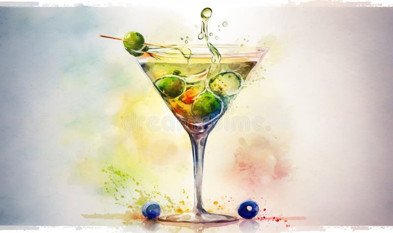 A Painting of a Martini with Olives and a Green Olive Stock