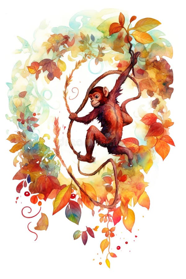 A painting of a monkey hanging from a tree. Generative AI image. royalty free stock photography
