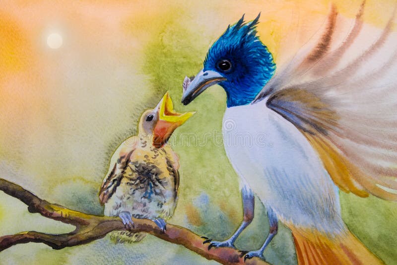 Painting mother bird, baby bird, couple bird on a branch