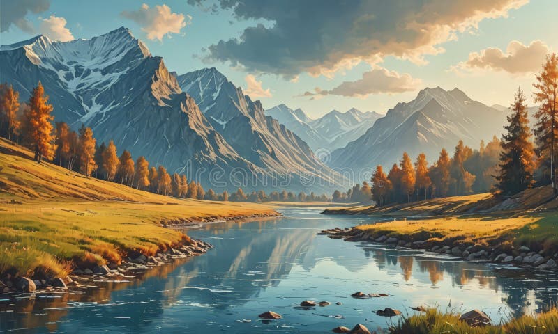 Painting mountain river stock illustration
