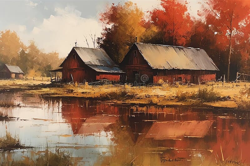 A painting of red barns by the lake. Generative AI