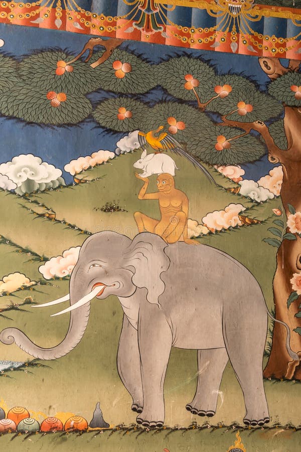 Painting of a religious fable inside Buddhist monastery / fort Dzong in Punhaka, Bhutan stock photography