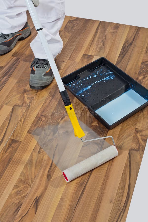 Painting Roller Wooden Floor Waterproofing Stock Photo Image of