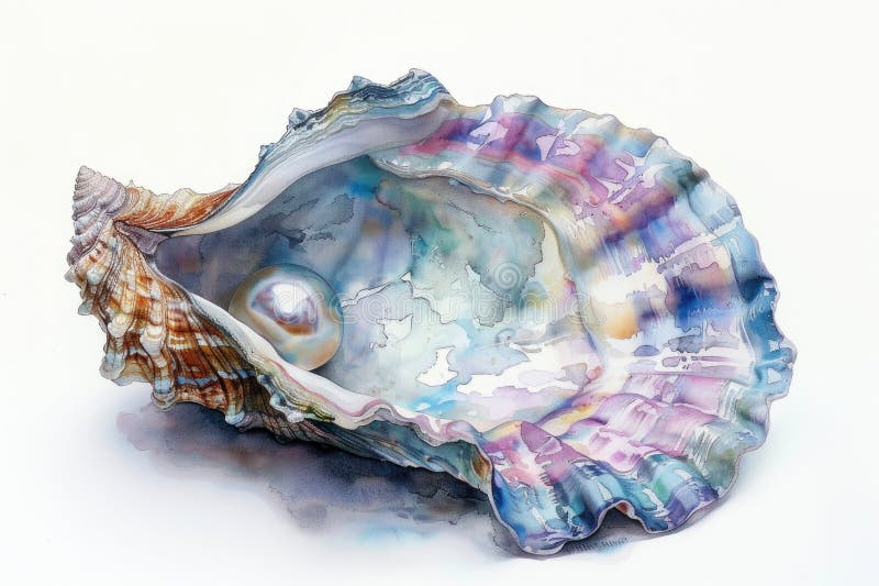 A painting of a shell with a pearl in it. Watercolor illustration. Bivalve shell stock images, royalty-free photos and pictures