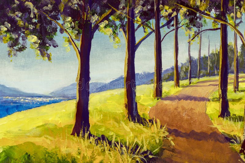 Painting sunny road among sun spring summer autumn forest park