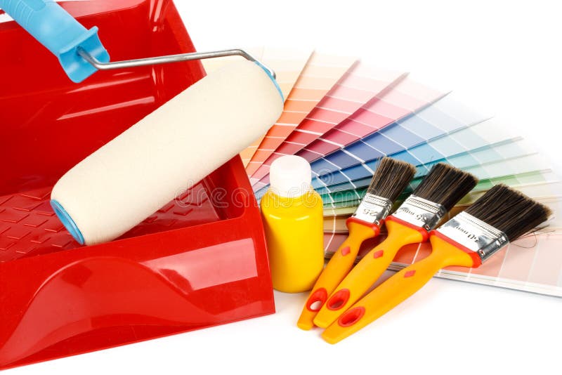 Paint accessories On a wooden table Cyan.Painting job This requires  much-needed tools to work. Stock Photo