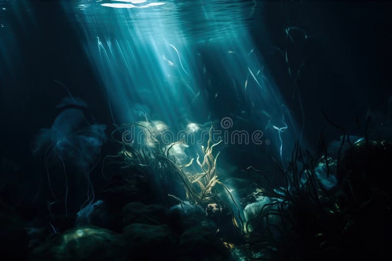 A Painting of a Underwater Scene with Fish and Plants in the Foreground