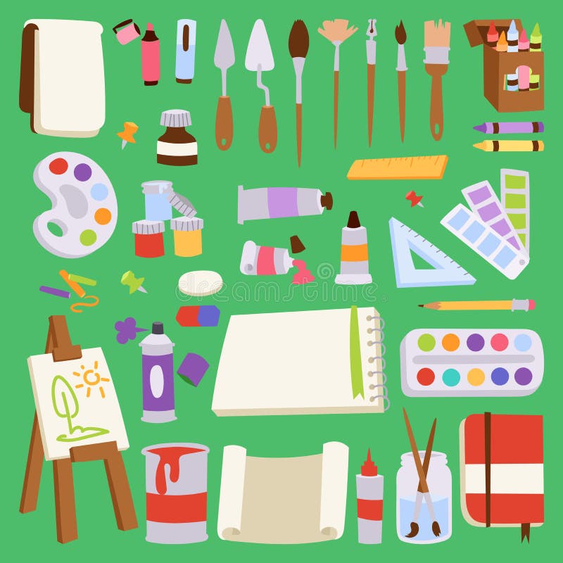 Painting vector artist tools palette icon set flat illustration details stationery creative paint equipment art canvas