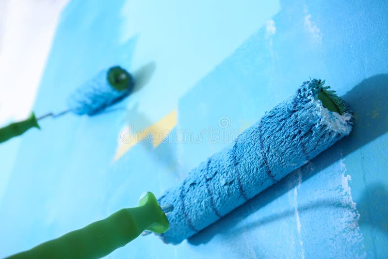 Painting Wall with Rollers Indoors Stock Photo Image of improvement