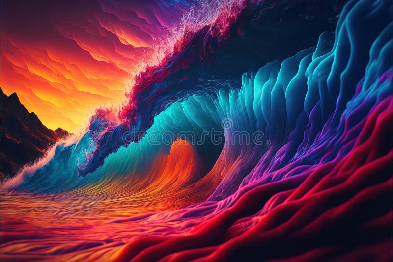 A Painting of a Wave with a Colorful Background and a Mountain in the