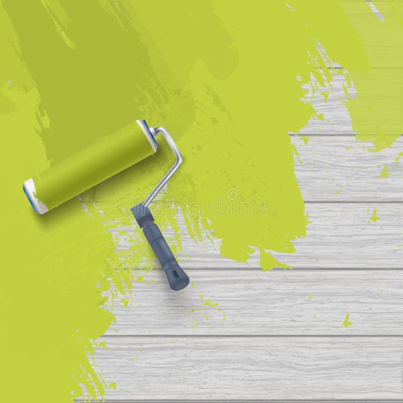 Painting Wooden Wall with Roller Brush and Green Paint Stock Vector