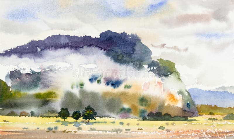 Paintings watercolor landscape of fog on mountain hill