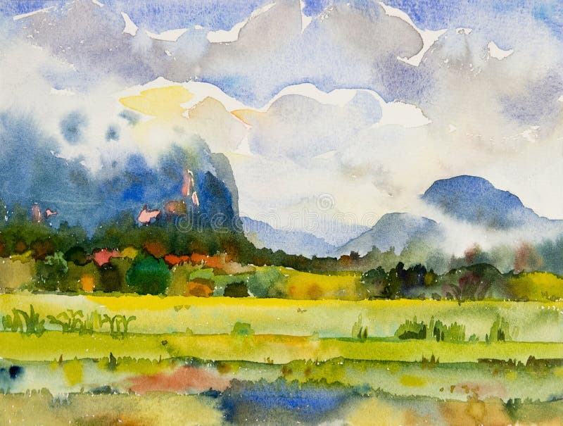 Paintings watercolor landscape of village mountain hill