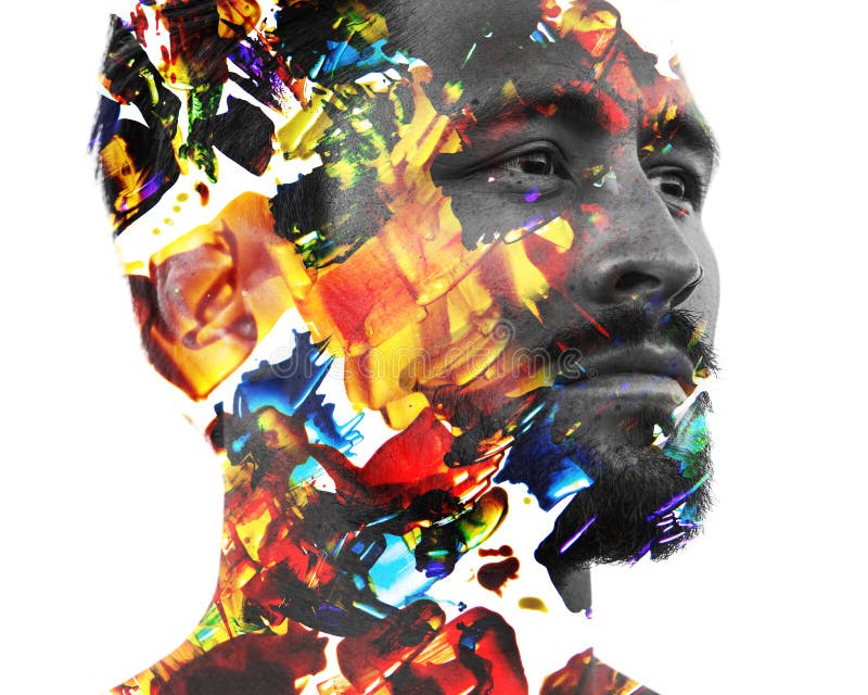 Paintografía Retrato de perfil de doble exposición de un modelo masculino atractivo combinado con pintura coloreada a mano con te fotografía de archivo libre de regalías