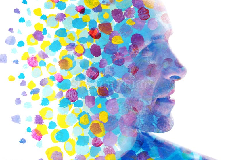 Paintography portrait of a man&#x27;s profile combined with colorful paint daubs. A colorful portrait of a man&#x27;s profile combined with colorful paint daubs