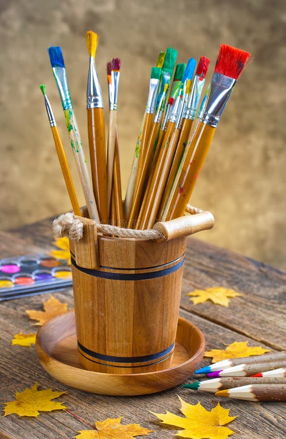 Paints and brushes stock photo