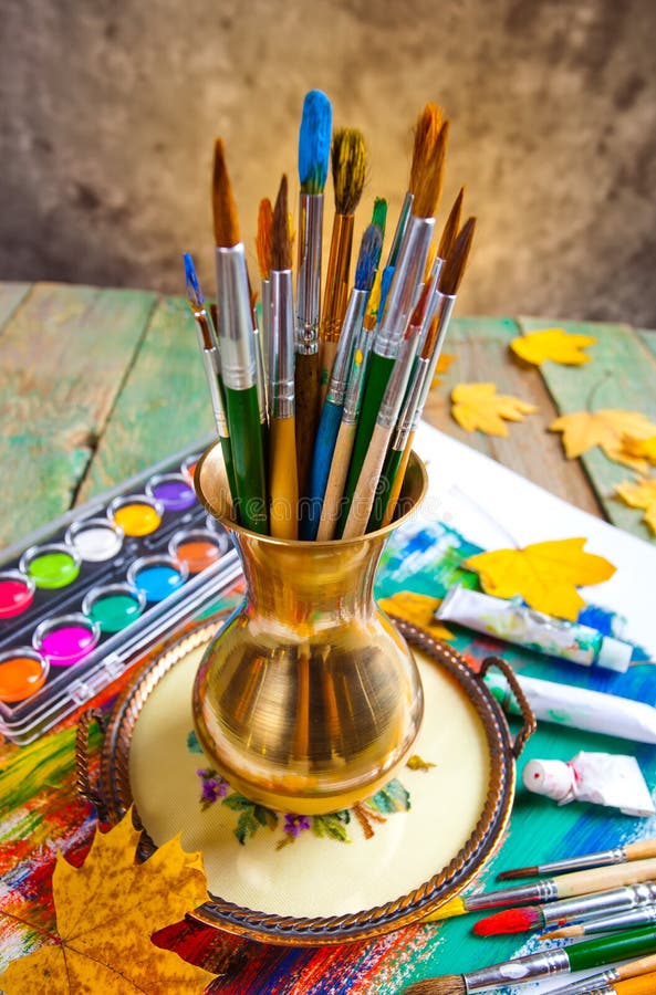 Paints and brushes stock photo