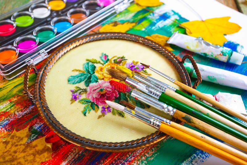 Paints and brushes stock image