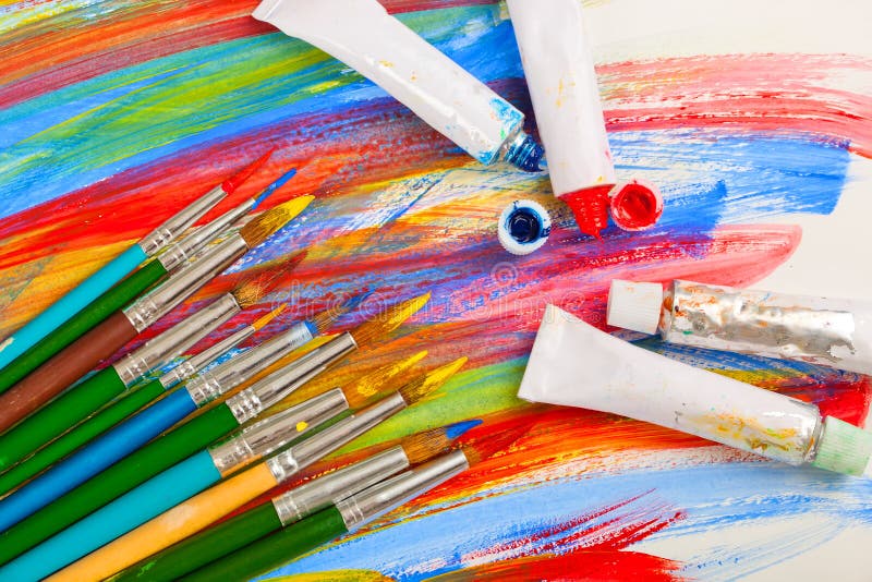 Paints and brushes stock photos