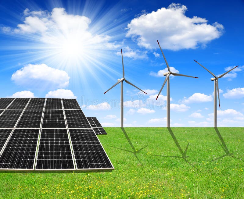 Painéis e turbinas eólicas da energia solar imagens de stock Painéis e turbinas eólicas da energia solar imagens de stock
