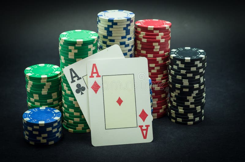 Pair of Ace Winner, Poker Chips Stacked and Pair of Aces, Black