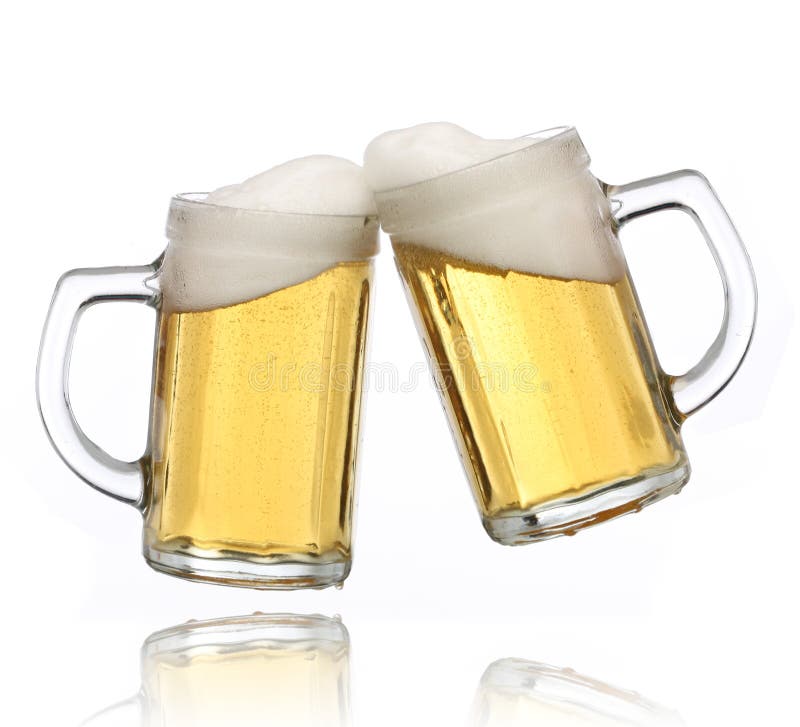 Pair of beer glasses making a toast