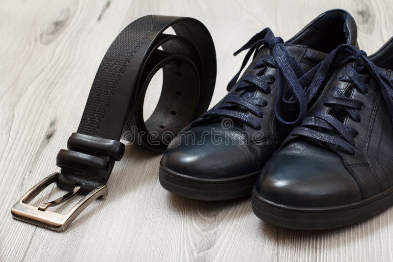 Pair of Black Leather Men`s Shoes and Leather Belt for Men on Gr Stock ...