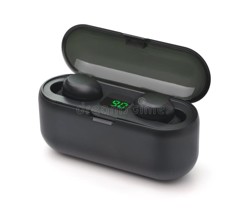 Pair of black true wireless earbuds in charging case