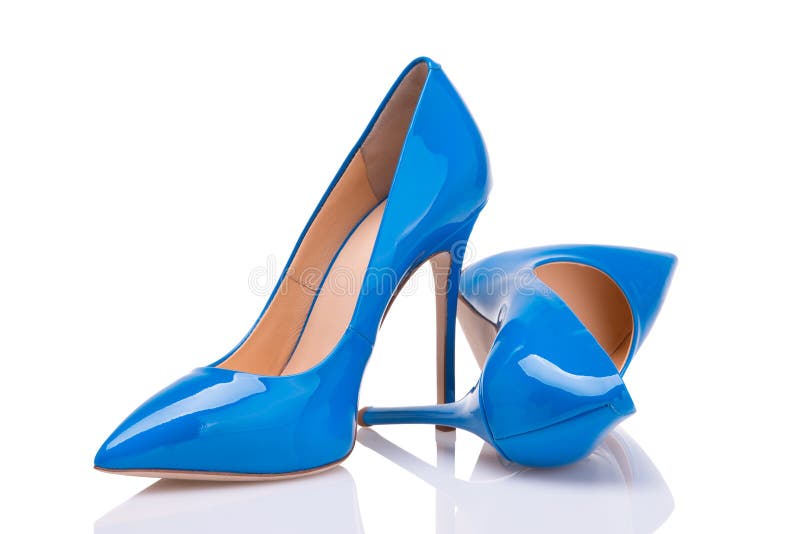 A Pair of Blue Shoes with High Heels. Beautiful Women Stilettos Stock
