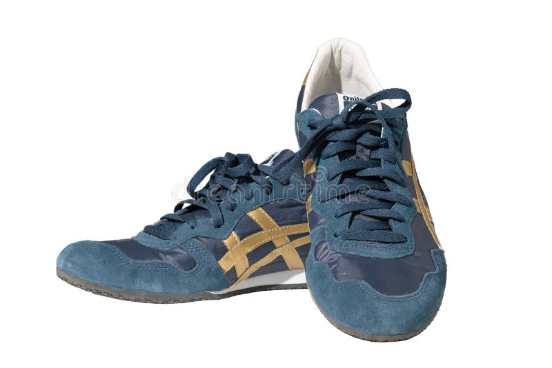 Pair of Blue Sneakers of Asics Brand. Leather Footwear with Gold Accents.  Onitsuka Tiger Brand Editorial Image - Image of accent, footwear: 184908960