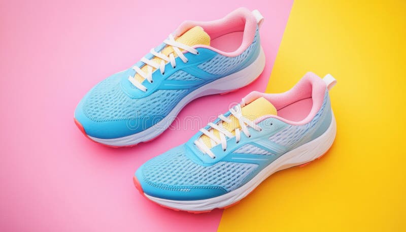 Pair of blue and pink training shoes on yellow and pink background royalty free stock photo