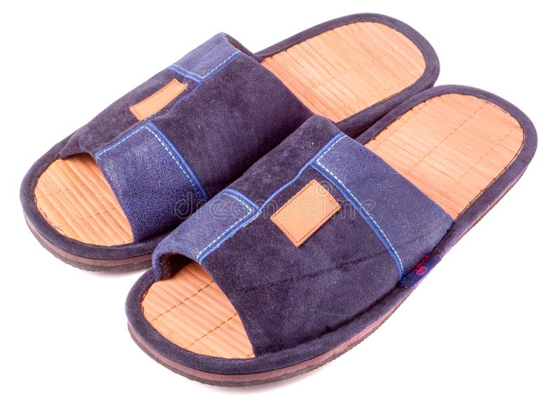 Pair of blue textile slippers on white background closeup stock image Pair of blue textile slippers on white background closeup stock image