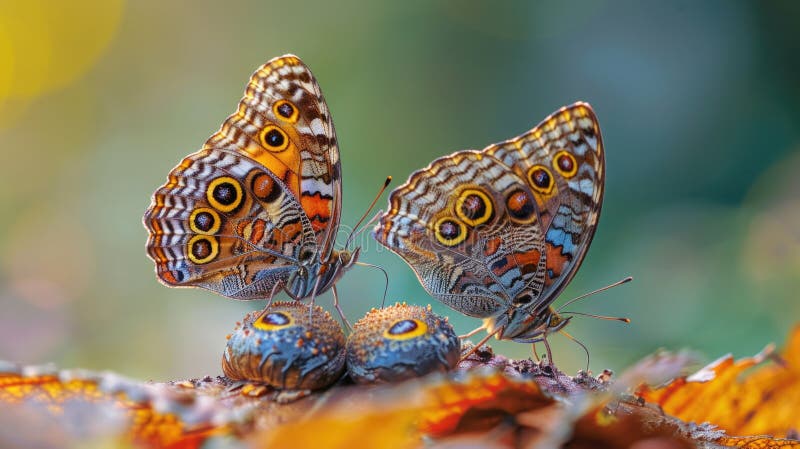 A pair of butterflies perched on top pile fallen leaves image libre de droits
