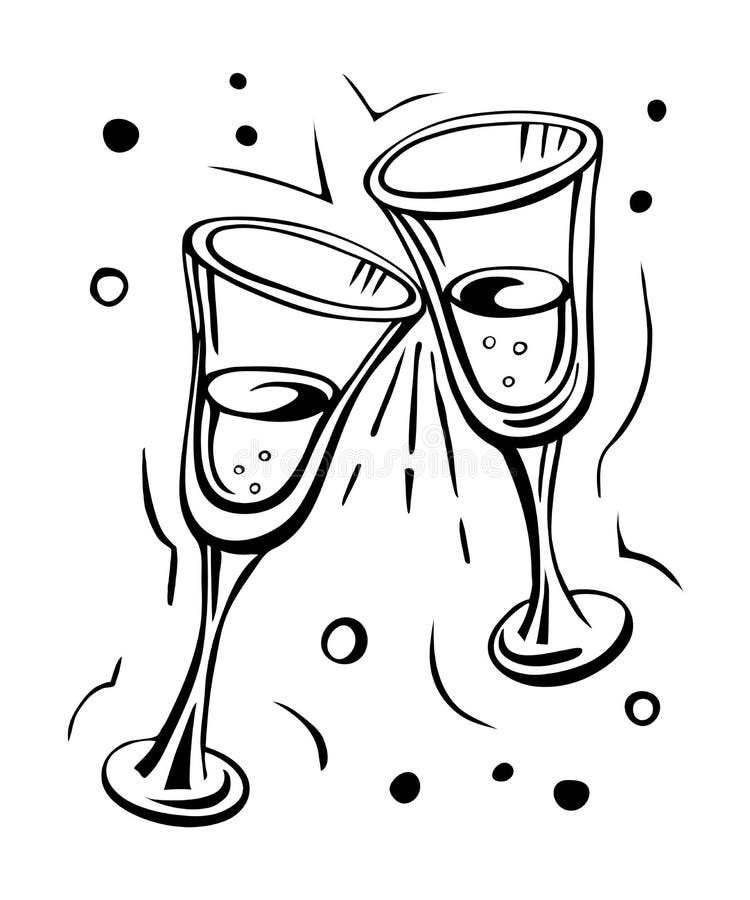 Pair Champagne Glasses, Set of Sketch Style Vector Illustration Stock ...