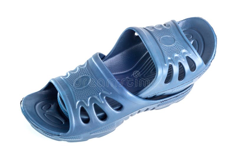 Pair of Cheap Durable Blue Rubber Slippers Isolated on White Background
