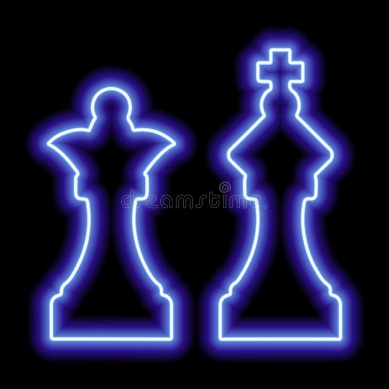 A pair of chess pieces king and queen. Neon blue contour on a black background. Illustration