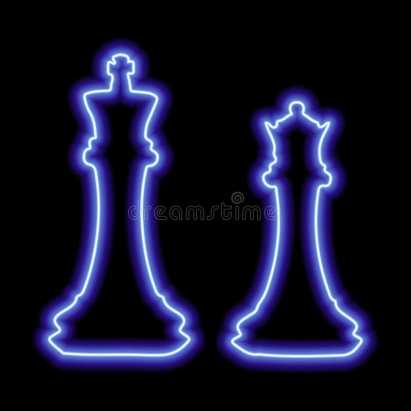 A pair of chess pieces king and queen. Neon blue contour on a black background. Illustration