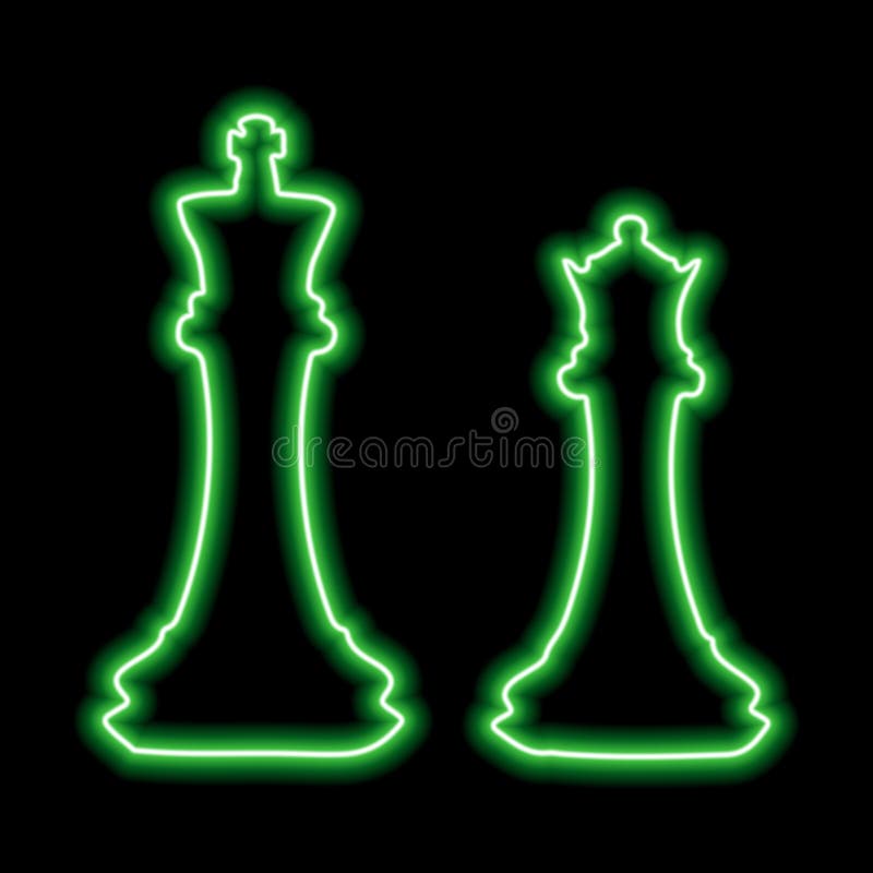 A pair of chess pieces king and queen. Neon green contour on a black background. Illustration